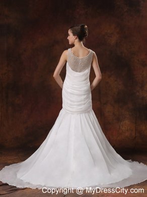 Pearl Decorate Scoop Neckline Ruched Court Train Wedding Dress