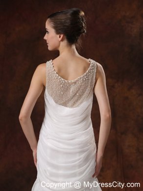 Pearl Decorate Scoop Neckline Ruched Court Train Wedding Dress