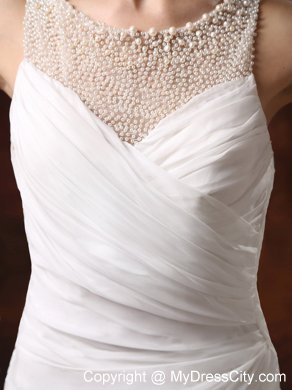 Pearl Decorate Scoop Neckline Ruched Court Train Wedding Dress