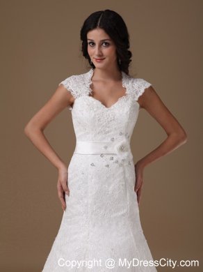 Cap Sleeves Mermaid Lace Wedding Dress with Handle Flower Sash