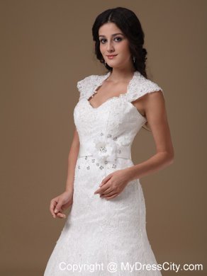 Cap Sleeves Mermaid Lace Wedding Dress with Handle Flower Sash