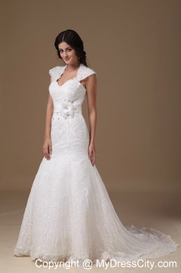 Cap Sleeves Mermaid Lace Wedding Dress with Handle Flower Sash