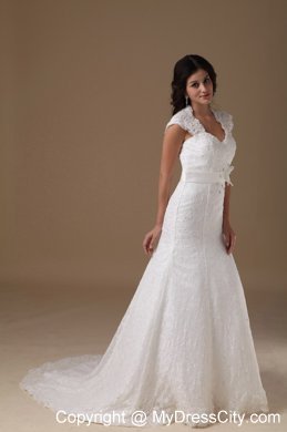 Cap Sleeves Mermaid Lace Wedding Dress with Handle Flower Sash