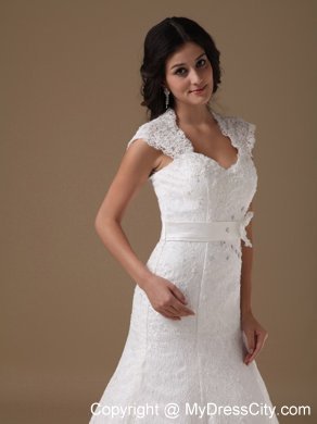 Cap Sleeves Mermaid Lace Wedding Dress with Handle Flower Sash