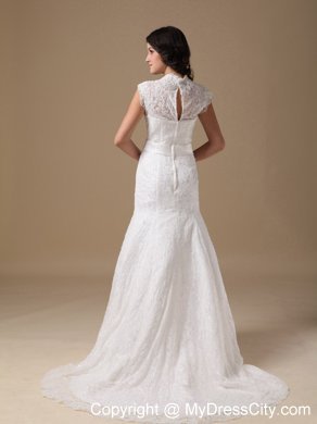 Cap Sleeves Mermaid Lace Wedding Dress with Handle Flower Sash