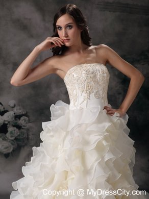 Ruffles with Hand Made Flowers Chapel Wedding Dress with Appliques