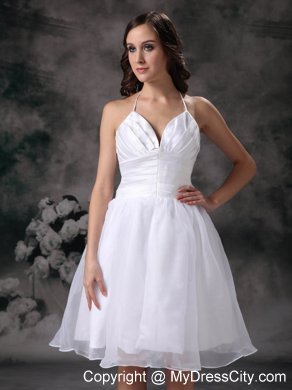 Halter Knee-length Ruched Garden Wedding Dress for Cheap