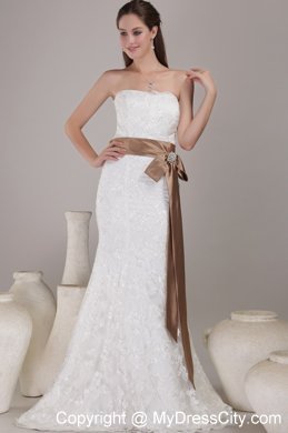 Lace Mermaid Wedding Gown with Brooch and Bow on Brown Sash