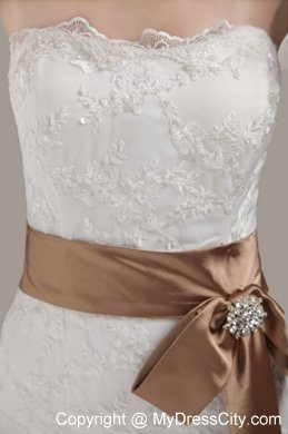 Lace Mermaid Wedding Gown with Brooch and Bow on Brown Sash