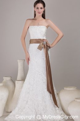 Lace Mermaid Wedding Gown with Brooch and Bow on Brown Sash