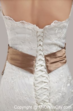 Lace Mermaid Wedding Gown with Brooch and Bow on Brown Sash