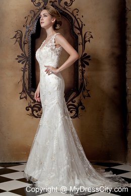 Elegant Column V-neck Floral Lace Covered Wedding Dress 2013