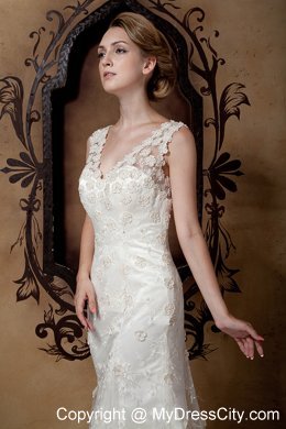 Elegant Column V-neck Floral Lace Covered Wedding Dress 2013