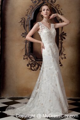 Elegant Column V-neck Floral Lace Covered Wedding Dress 2013