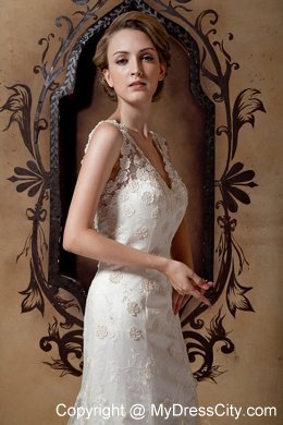 Elegant Column V-neck Floral Lace Covered Wedding Dress 2013