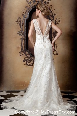 Elegant Column V-neck Floral Lace Covered Wedding Dress 2013