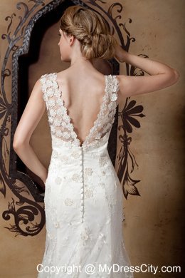 Elegant Column V-neck Floral Lace Covered Wedding Dress 2013