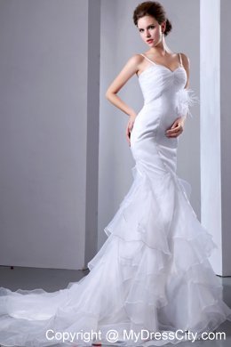 Satin Spaghetti Straps Mermaid Wedding Dress with Organza Ruffles