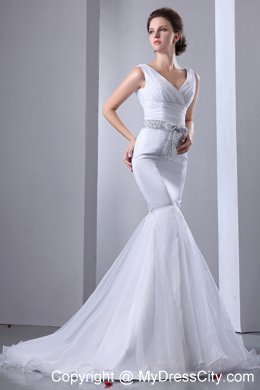 V-neck Sequins Bow and Waist Court Train Mermaid Wedding Gown