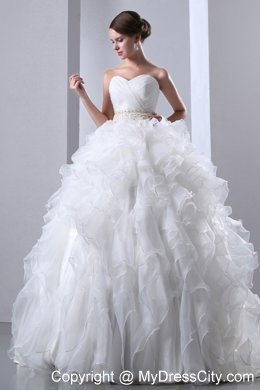 Exclusive Ruffled Chapel Train Beaded Waist Wedding Dress