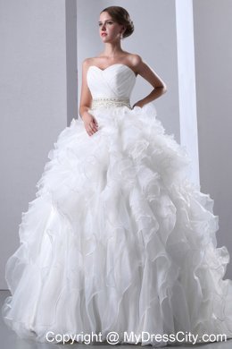 Exclusive Ruffled Chapel Train Beaded Waist Wedding Dress