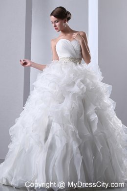 Exclusive Ruffled Chapel Train Beaded Waist Wedding Dress