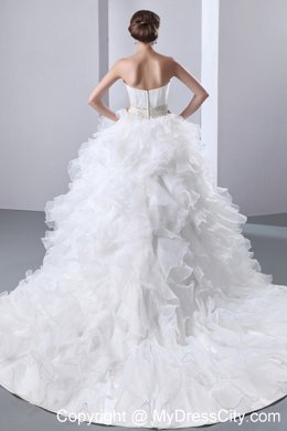 Exclusive Ruffled Chapel Train Beaded Waist Wedding Dress