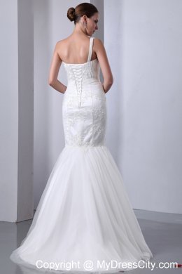 Trumpet One Shoulder Bridal Gown with Handle Flowers and Applique