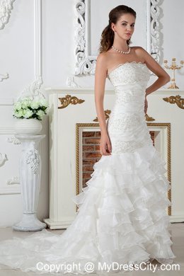 Lace Applique Bridal Gown with Tiers of Ruffles on Mermaid Skirt