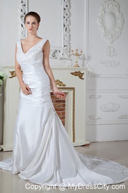 2013 Wholesale Price Mermaid V-neck Court Train Appliques Wedding Dress