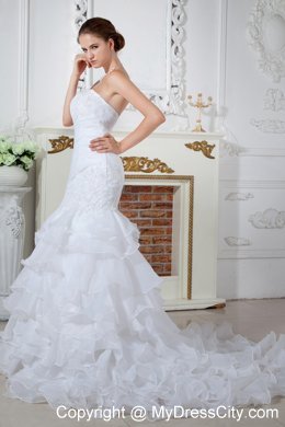 2013 Exquisite Strapless Mermaid Organza Appliques Dress for Brides