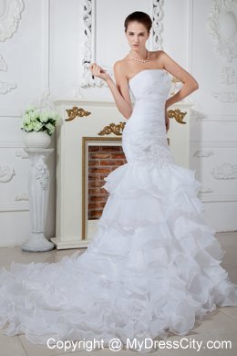 2013 Exquisite Strapless Mermaid Organza Appliques Dress for Brides