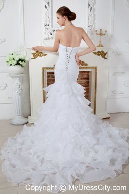 2013 Exquisite Strapless Mermaid Organza Appliques Dress for Brides