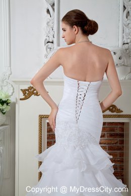 2013 Exquisite Strapless Mermaid Organza Appliques Dress for Brides