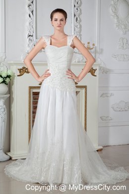 Empire Straps Court Train Appliques and Lace Wedding Dress 2013 on Sale