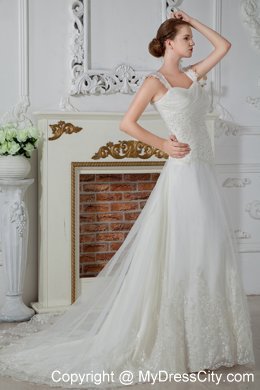 Empire Straps Court Train Appliques and Lace Wedding Dress 2013 on Sale