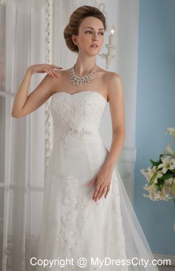 Modest Slinky Strapless Chapel Train Tulle and Lace Appliqued Wedding Dress