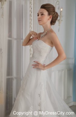 Modest Slinky Strapless Chapel Train Tulle and Lace Appliqued Wedding Dress