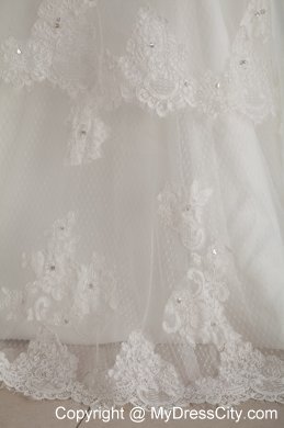 Modest Slinky Strapless Chapel Train Tulle and Lace Appliqued Wedding Dress