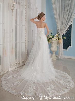 Modest Slinky Strapless Chapel Train Tulle and Lace Appliqued Wedding Dress