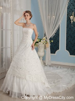 Gorgeous A-Line Princess Strapless Beaded Cathedral Train Wedding Dress