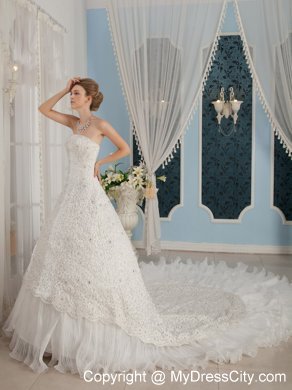 Gorgeous A-Line Princess Strapless Beaded Cathedral Train Wedding Dress