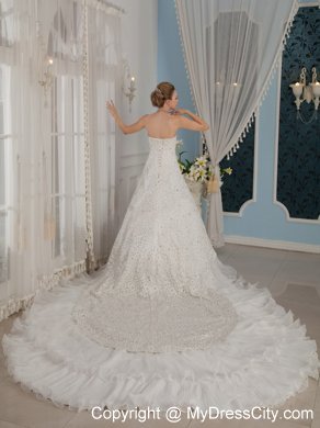 Gorgeous A-Line Princess Strapless Beaded Cathedral Train Wedding Dress