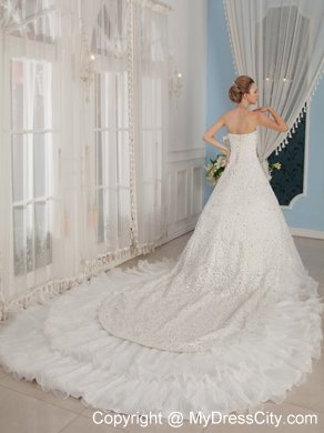 Gorgeous A-Line Princess Strapless Beaded Cathedral Train Wedding Dress