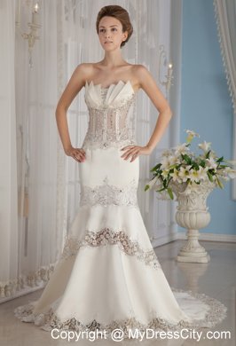 Sheer Mermaid Strapless Court Train Lace and Satin Beaded Wedding Dress