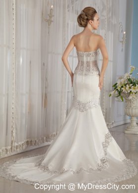 Sheer Mermaid Strapless Court Train Lace and Satin Beaded Wedding Dress