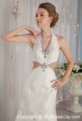 Sexy Trumpet Mermaid Halter Watteau Train Wedding Dress with Rhinestone