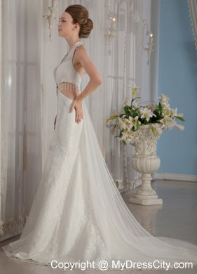 Sexy Trumpet Mermaid Halter Watteau Train Wedding Dress with Rhinestone