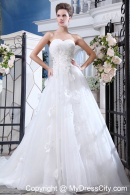 Unique Sweetheart Court Train Beaded Appliques Wedding Dress with Organza