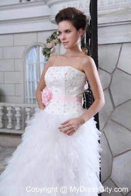 2014 Sweet A-line Strapless Brush Train Beaded Appliques Wedding Dress